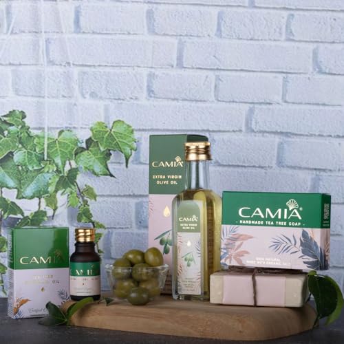 Image of CAMIA - 100% Organic Cold Pressed Olive Oil, 250 ML + Tea Tree Essential Oil, 15 ML + Tea Tree Soap, 125 Gm | Gentle Acne Stop Treatment Skincare Combo Set | Your Road to Noticeably Clear Skin