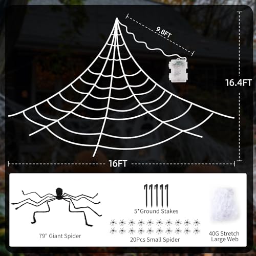 Spider Webs Halloween Decorations Outdoor Lights, 250 LED 16.4ft Halloween Spider Web Lights with 6.5ft Giant Spider,8 Modes, Waterproof Outdoor Decoration Indoor Party Garden Home Costumes