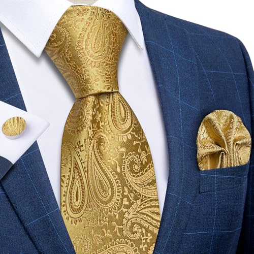 Image of DiBanGu Mens Paisley Tie Set Silk Woven Jacquard Necktie and Pocket Square Cufflinks Gift Set for Wedding Bussiness