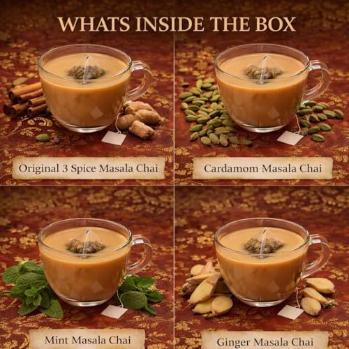 Image of Sancha Tea Boutique, India Bharat Chai Collection, Masala Chai Variety Pack, Ginger /Cardamom /Mint /Original Flavours, 40 Pyramid Tea Bags, Gift Box
