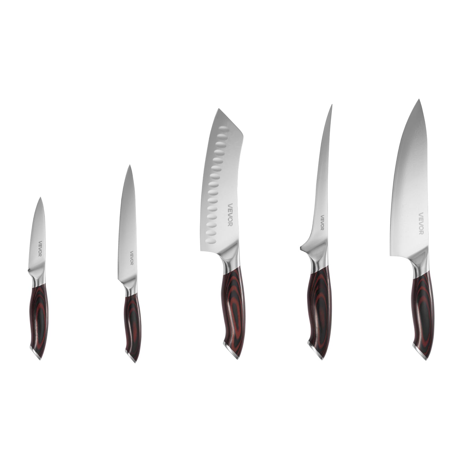 VEVOR Set di Coltelli da Cucina da 5 Pezzi, in Acciaio Inossidabile ad Alto Tenore di Carbonio, Coltello da Cucina con Impugnatura Ergonomica e Resistente alla Rottura per un Taglio Preciso