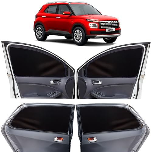 Image of OTO2EYE Car Sun Shade Compatible for Hyundai Venue Model 2022 Onwards, Z-Black Super Magnetic Grip, Front Window Zipper, Side Window Curtains, 4 Pieces Set