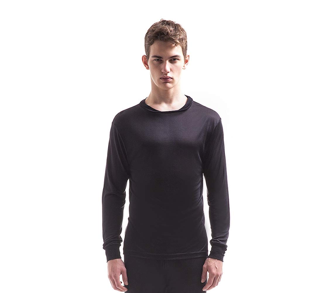 Jasmine SilkMens Round Neck Pure Silk Thermal Long Sleeves Top Black