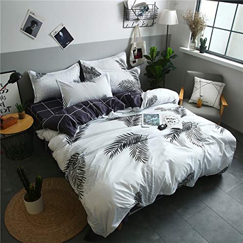 Cozywind Funda Edredón y Almohadas, para Camas de 80 o 90cm, Juego de Cama 4 Piezas, Diseño de Hoja de Banana, 100% Algodón Aloe Suave Microfibra con Cremallera150 x 200 cm(Blanco y Negro)