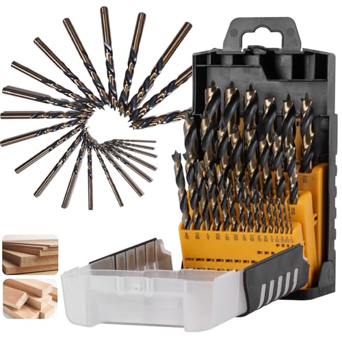 29Pcs Brad Point Drill Bit Set, Titanium Coated HSS Wood Drill Bits for Hardwood & Softwood, Full Ground with Self-Centering Tip (1/16-1/2 Inch, 1/64 Inch Increment) & Storage Case