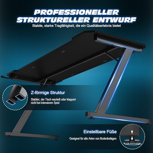 Gaming Tisch 120 x 60 cm, Gaming Schreibtisch, PC Tisch mit Kopfhörerhaken und Kohlefaserbeschichtung, Ergonomischer Computertisch, Metallgestell, Kohlefaser Schwarz – Bild 6