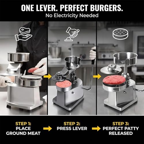 Prensa de hamburguesas resistente de alta producción manual con hojas de papel incluidas 6