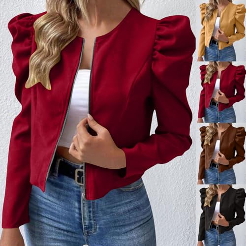 HGps8w Puff Sleeve Crop Jackets for Women Trendy Zip Up Long Sleeve Business Casual Outerwear Blazers2
