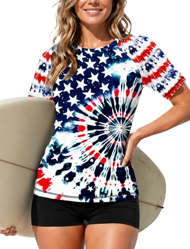 Image of AOBUTE Women Short Sleeve Rash Guard UPF 50+ Tropical Sun Protection Floral Swim Shirts