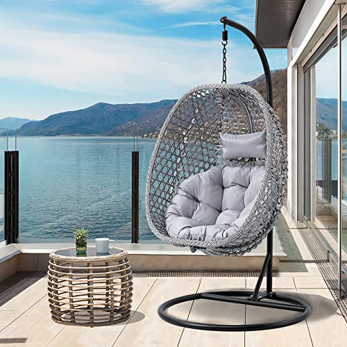 Hanging Egg Chair With Stand, Rattan Wicker Egg Swing Chair With Cushions And Headrest Pillow, Indoor Outdoor Patio Balcony Lounge Relaxing Chair, Heavy Duty Basket Chair With 350Lbs Capacity （Grey） #TOP23