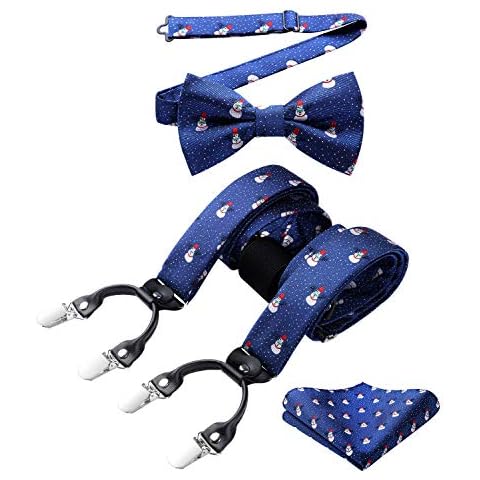HISDERN Mens Braces Bowtie Set Christmas Festival Suspenders Pocket Square Adjustable Y Shape with Strong Clips Fun Santa Pattern Braces for Men Cover