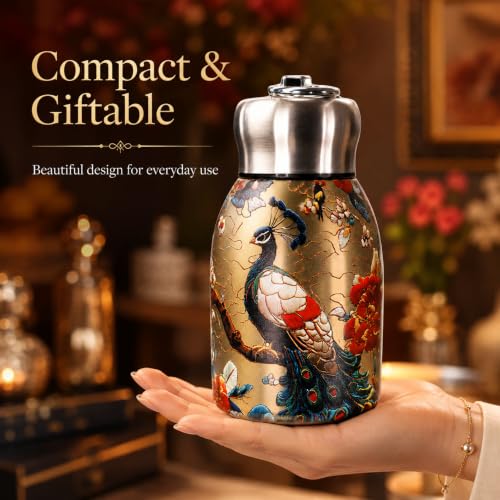 Image of Mini Stainless Steel Insulated Water Bottle 300 ml, Double Wall Vacuum Thermal Flask, Leak-Proof Travel Bottle with Peacock Print Design, Portable Hot & Cold Drink Bottle, Pack of 1