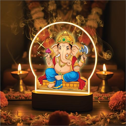 Image of Giftplease Lord Ganesha LED Night Light - Warm Yellow Glow Table Lamp - Divine Ganpati Decor for Pooja Room, Office Desk & Gifting - Elegant Silhouette Lamp GL 03