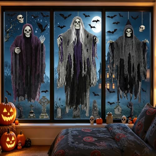 54 PCS Large Halloween Decor, Grim Reaper Halloween Window Clings for Home - image 6