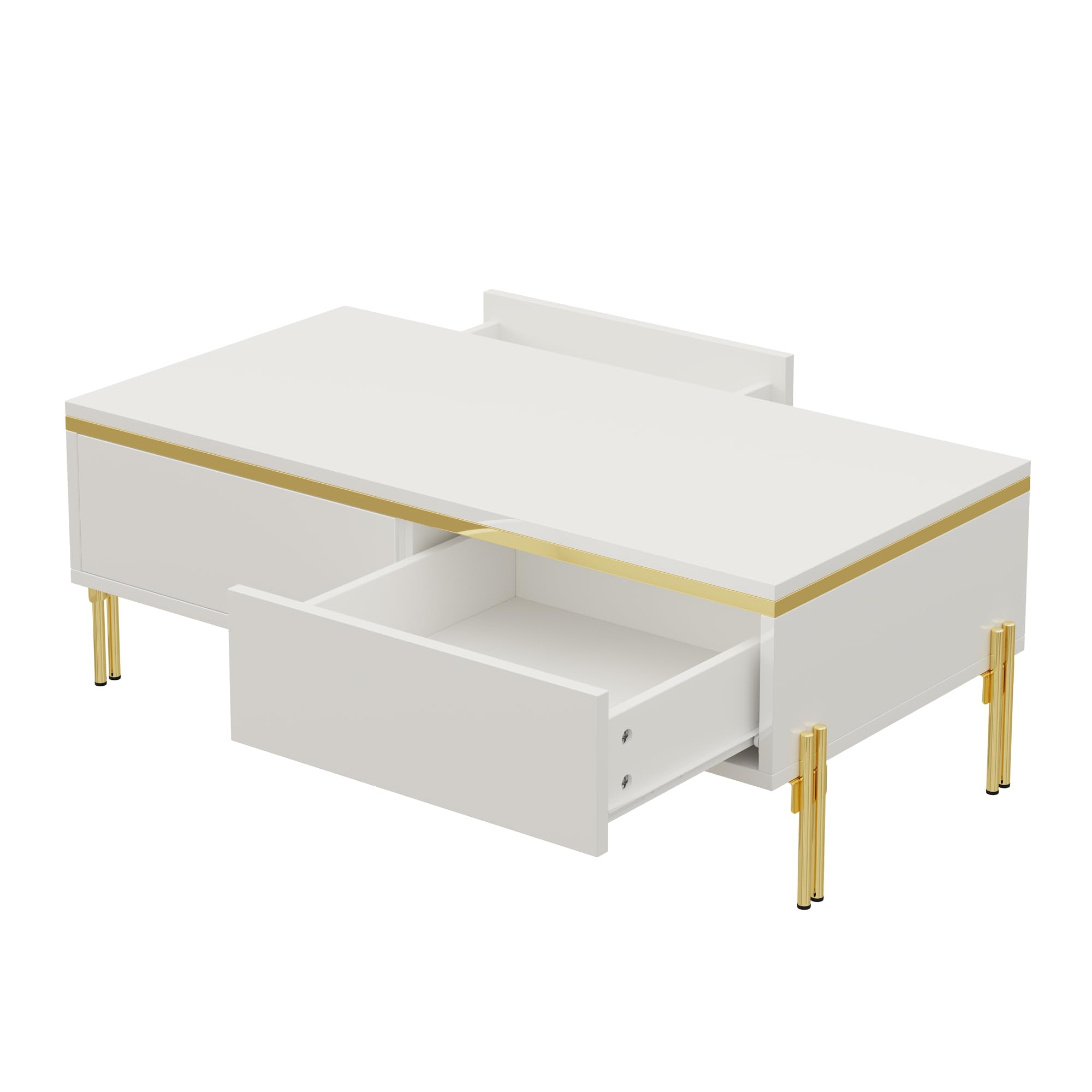 Modernes Luxus-TV-Schrank- und Couchtisch-Set, Hochglänzende Oberfläche in Unifarbe, Goldene Kanten, Großzügiger Stauraum (Weiß, Couchtisch-Set)