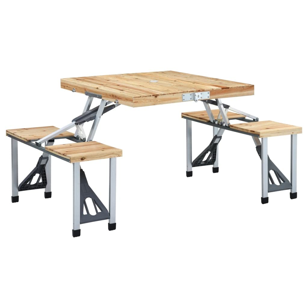 Klappbarer Campingtisch mit 4 Sitzen Stahl Aluminium | Tannenholz Tischplatte, Schirmloch, Koffer-Design für einfachen Transport, tragbar für Garten und Camping