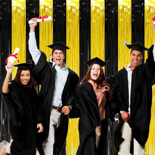 Image of Voircoloria 2 Pack Black and Gold Tinsel Foil Fringe Curtains, Black and Gold Party Decorations, Metallic Tinsel Party Streamers Backdrop for 2025 New Years Graduation Prom Party Decorations