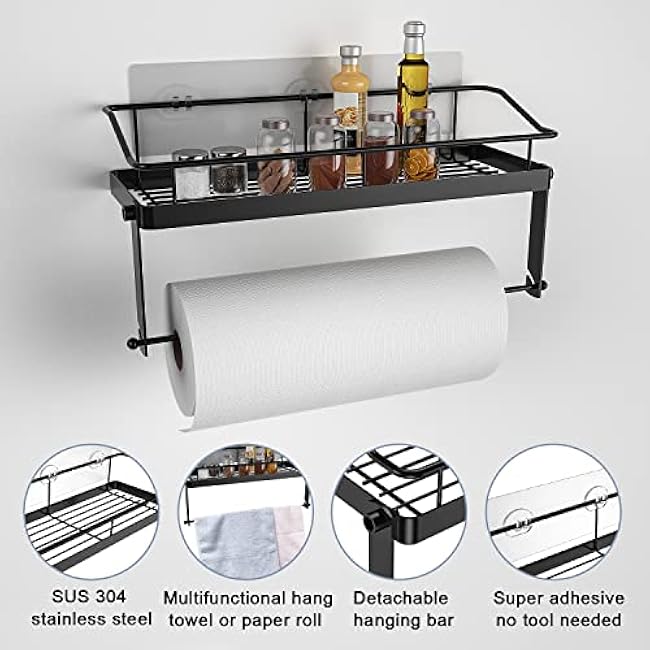 Adhesive Paper Towel Holder Shelf, Wall Mounted Paper Towel Roll Rack Basket for Kitchen, Shower Bathroom, 2 in 1 Kitchen Spice Rack,No Drilling Rack Basket Black