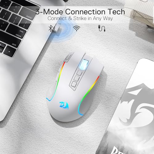 Image of Redragon M612 PRO RGB Gaming Mouse, 8000 DPI Wired /Wireless Optical Mouse with 9 Programmable Buttons & 6 Backlit Modes, BT & 2.4G Wireless, Software Supports, White