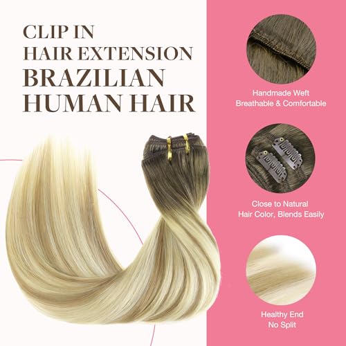 Image of GOO GOO Clip in Hair Extensions Real Human Hair, Remy Human Hair Extensions Clip ins for Women, Natural Human Hair, 14inch 150g 9Pcs, 5A /90 /16F Bahamian Balayage