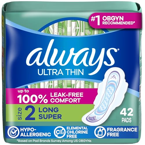 Always Ultra Thin, Feminine Pads For Women, Size 2 Long Super Absorbency, With Wings, Unscented, 42 Count