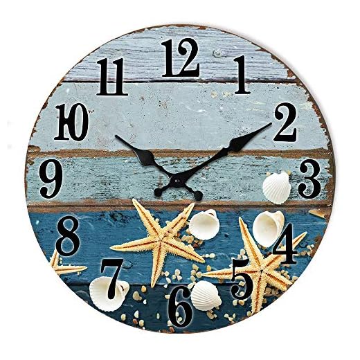 Seashell Wall Clock, 12 inches, Silent Non-Ticking Quartz Mechanism, Easy to Read, Lightweight Wooden Beach Theme
