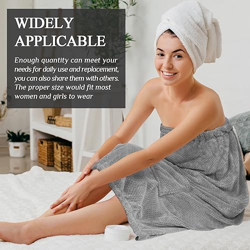 Tigeen 6 Pcs Bath Wraps for Women Waffle Spa Robe Adjustable Closure Elastic Top Lightweight Towel Dress (Gray)4