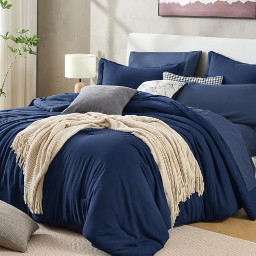 Sasttie Queen Comforter Set 7-Piece Navy Blue Pre-Washed Crinkled Texture Bed in a Bag Queen with Ultra Soft Brushed Sheets Aesthetic Fluffy Bedding Set for All Seasons