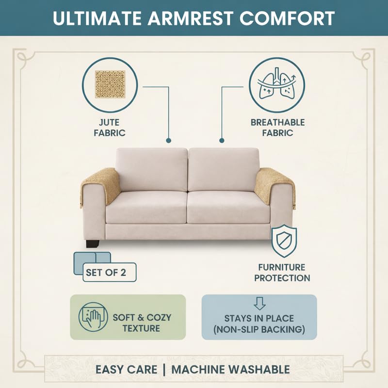 Image of STITCHNEST Jute Sofa Arm Cover with Tassels | Elegant Textured Hand Rest Protector | Durable & Long-Lasting | 18 x 22 Inches