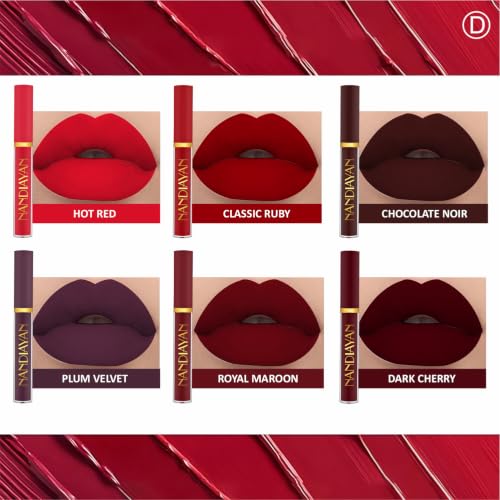 Image of Nandiayan Matte Liquid Lipstick Set of 6 (21 ml)| Wine & Brown lipstick Shades | Waterproof Long-Lasting Smudge-Proof Lipsticks | Highly Pigmented & Perfect Liquid Lipstick gift set for women (Set D)