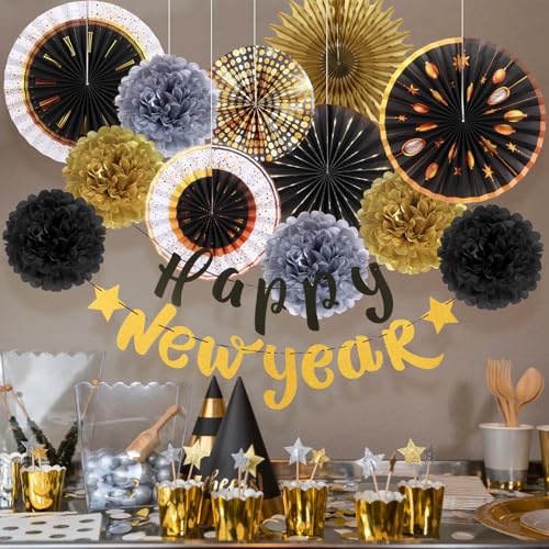 Image of SUNBEAUTY New Years Eve Party Supplies 2026, Happy New Year Decorations Black Gold Hanging Paper Fans Tissue Pom Poms Happy New Year Banner for 2026 New Year Party Favor Supplies Decorations