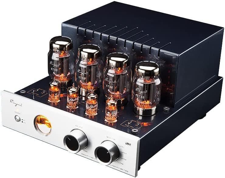 Angled view of the Cayin MT-45MK2 Plus amplifier showing the vacuum tubes and chassis.