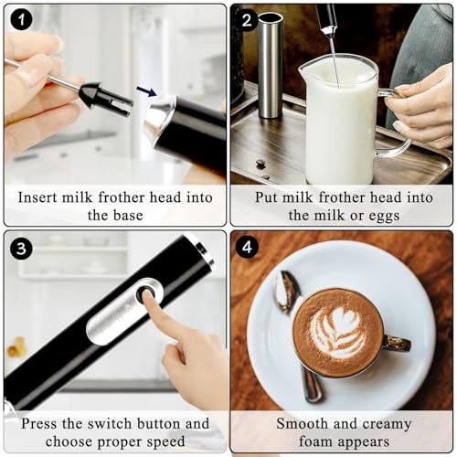 Image of Coffee Maker Machine for Home with 2 Attachments (Double-Layer Frother & Egg Whisk), 3-Speed Adjustable, Rechargeable Handheld Coffee Mixer for Latte, Cappuccino, Drinks & Eggs - Stainless Steel