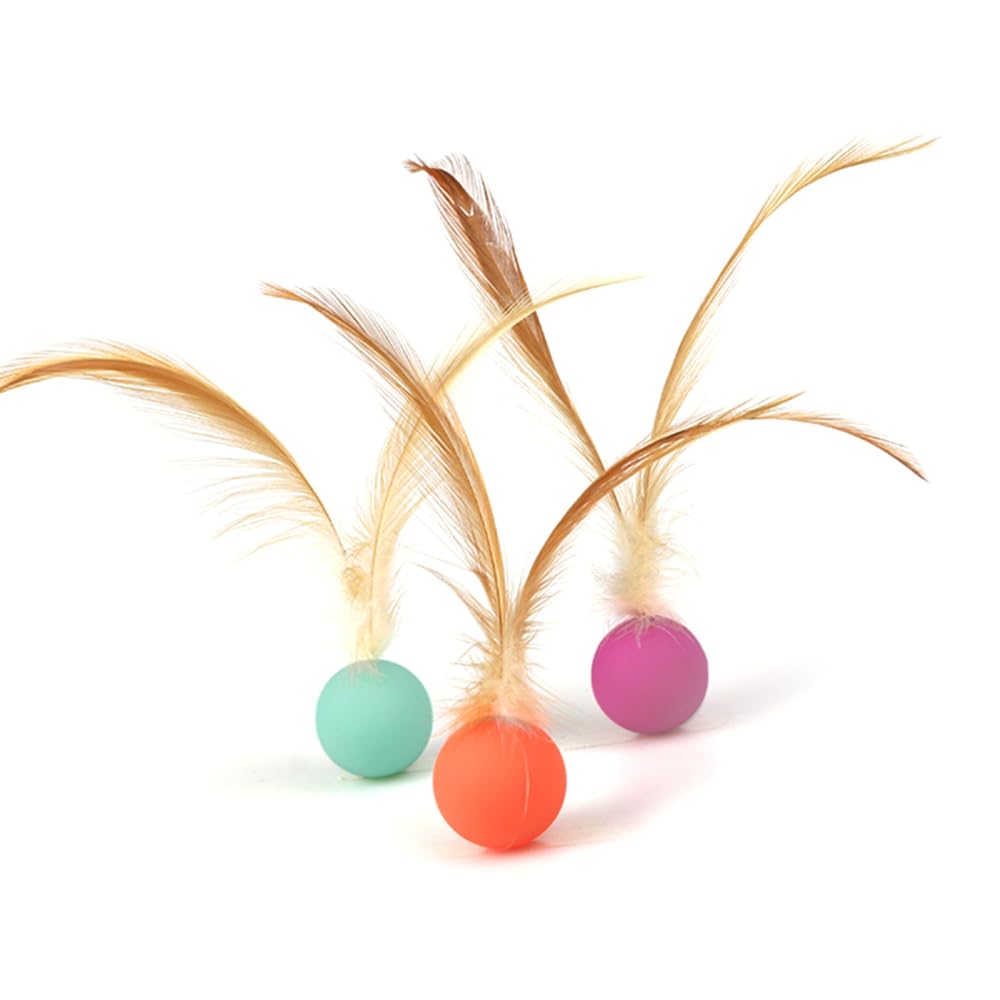 BDKMMS Cat Ball Toy with Feather, 3Pcs Colorful Interactive Cat Toys Elastic Kitten Bouncy Balls for Indoor Cats Exercise