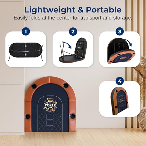 SereneLife 6ft Foldable Poker Game Table, 8 Player Casino Style Oval Card Table with Cushioned Rails, 8 Cup Holders, Metal Legs, Water-Resistant, Felt-Surface, Games Table 71.65"x32.28"x29.13" Inch