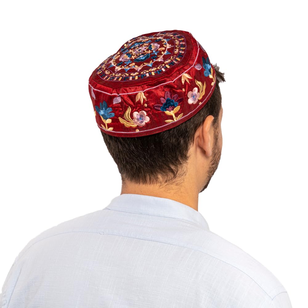 Maroon Flower Design Hand Embroidered Hat / Bucharian Kippah Kippa