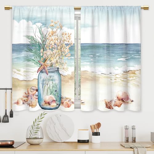 Summer Beach Coastal Kitchen Curtains Starfish Blue Sea Bathroom Curtains Window Treatment Drapes Tier Seashell Flower Botanical Cafe Small Bedroom Short French Door Curtains 275×39 Inch