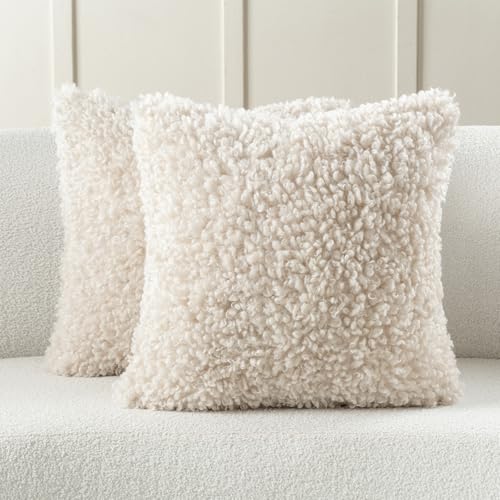 FUTEI Beige Decorative Throw Pillow Covers 16x16 Inch Set of 2,Soft Fluffy Faux Wool Fur Boucle Textured Cushion Case,Modern Home Decor for Couch Bed Living Room Office