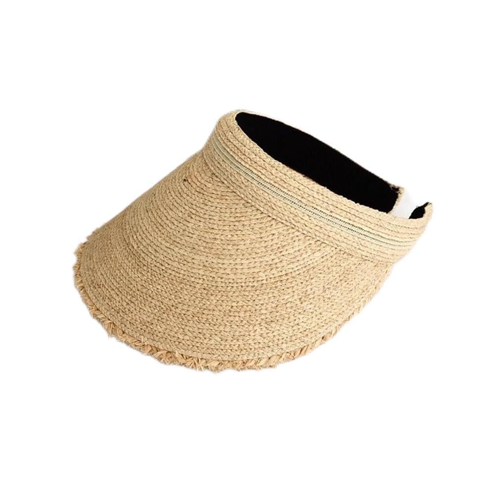 Visera de Paja para Mujer Sombrero for el Sol de ala Ancha con Parte Superior Hueca y Borde Crudo Rafia for Mujer para Sombreado al Aire Libre