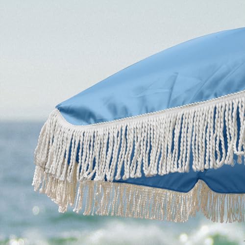 Image of AMMSUN 7ft Patio Umbrella with Fringe Outdoor Tassel Umbrella UPF50+ Premium Steel Pole and Ribs Push Button Tilt, Sky Blue