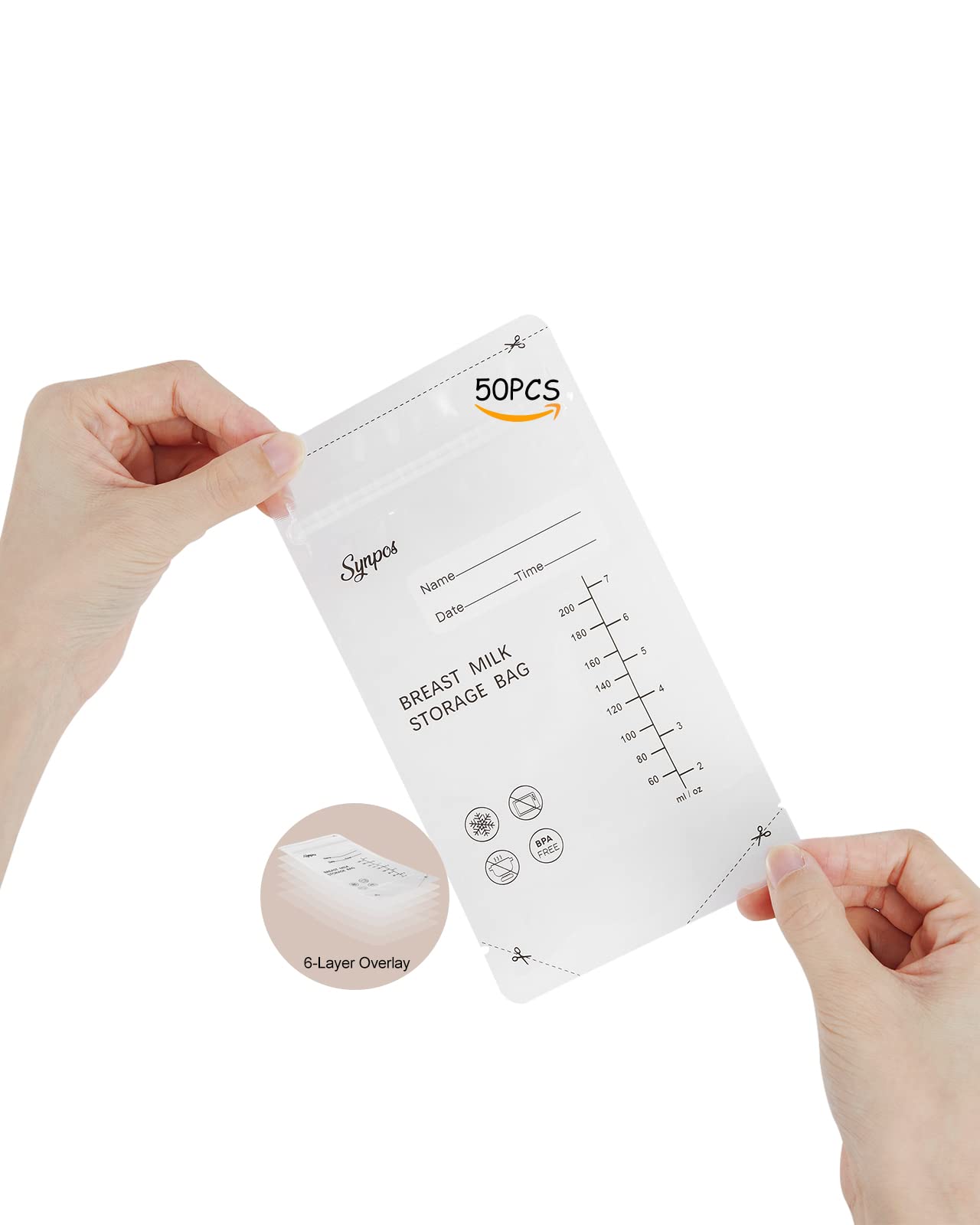 SYNPOS50 Pcs Breastmilk Storage Bags, 6-Layer Overlay Technology, Not Leak Milk. Double Zipper, Strong Side Seams, Frosted Writing Area, Self Standing, Space Saving Flat Profile, 6 oz/180 ml Min