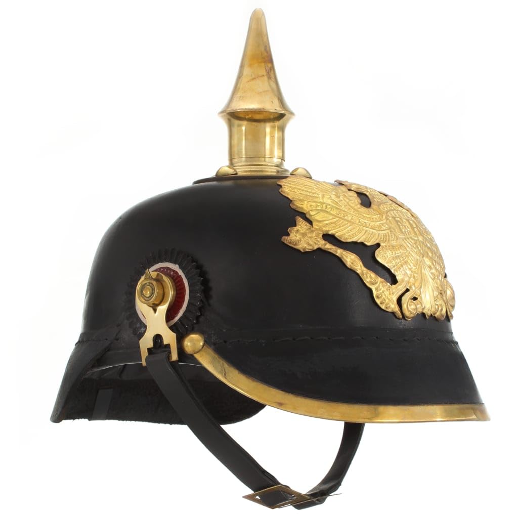 vidaXL Antique Prussian Pickelhaube Helmet - Black Steel Officer Replica for LARP, Cosplay, Reenactment, 23x19x25 cm, Brass Accents