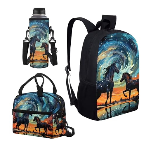 Starry Sky Horse Print Kid's Backpack Set with Lunch Bag & Water Bottle Sleeve, 17 Inch Large Capacity School Bag 3 in 1