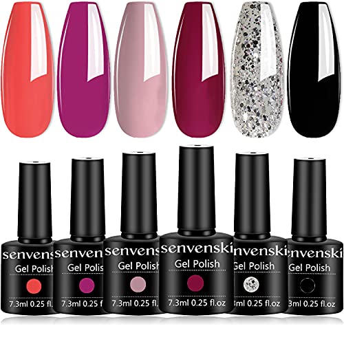 Senvenski Gel Nail Polish Red Rose Burgundy Purple Mauve Lavender Violets Lilac White Black Glitter Starrily Girlfriend Gift Soak Off UV LED Manicure Art Varnish Set DIY at Home 6 Colors (CS6-015)