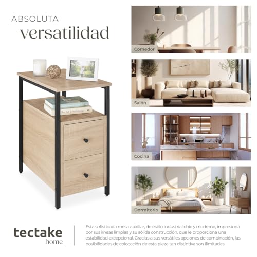 Miniatura 7 de Tectake Mesita De Noche Con 2 Cajones, Mesa Auxiliar Sofa, Mesitas De Noche, Decoracion Hogar, Oficina, Muebles, Mesita Auxiliar - 49,5 X 30 X 61,5 Cm Madera Industrial Clara, Roble Sonoma