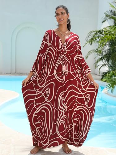 Image of IMAGEKOPE Women's Plus Size Animal Print V-Neck Batwing Kaftan Beach Dress Bathing Suit Cover-Up Loungewear