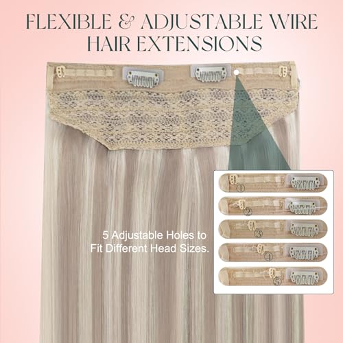Image of Easyouth Wire Hair Extensions Blonde Highlight Wire Hair Extensions Real Human Hair Ash Blonde Highlights Blond Fish Line Remy Hair Extension for Short Straight Hair 12 Inch 70g