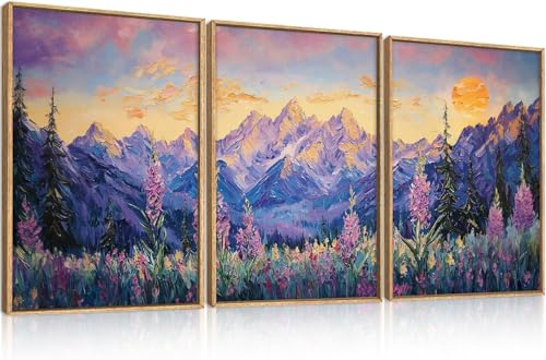 TOARTi Purple Sunset Mountain Landscape Framed Canvas Wall Art Set,Nature Pine Tree Wildflowers Wall Decor,Golden Sunlight Wall Painting,Modern Field Art Prints for Living Room, Bedroom 12x16inchx3