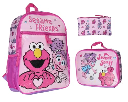 INTIMO Sesame Street Friends Elmo Abby Cadabby 3 PC Backpack Lunch Box Pencil Pouch 16