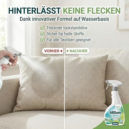 HomeBugProtect Milbenspray 500ml - Anti Milben Spray gegen Hausstaubmilben, Milbenspray für Matratzen als effektiver Schutz für Allergiker auch im Umfeld von Hunden und Katzen